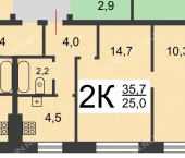 2-комн, 36кв м, этаж 3/3 Спутника ул, 18